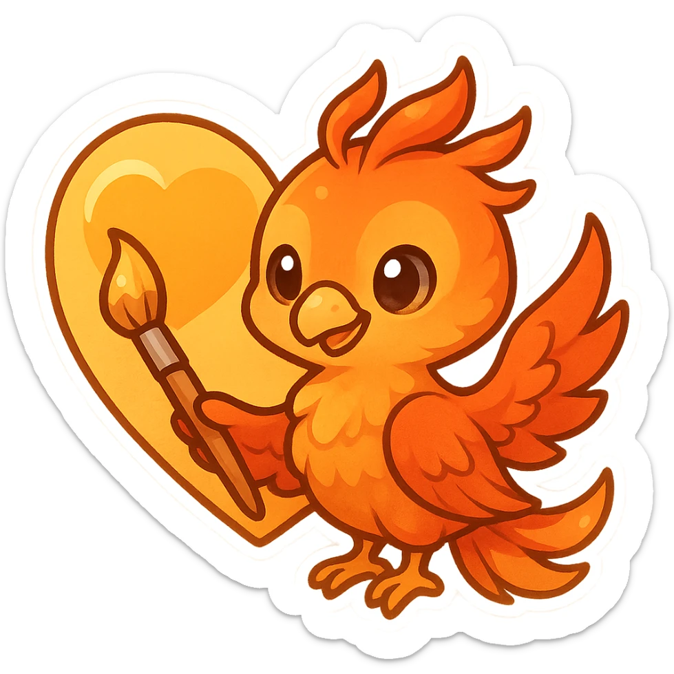 A phoenix holding a brush, painting inside a heart-shaped emoji, bright and warm tones, cheerful style sticker
