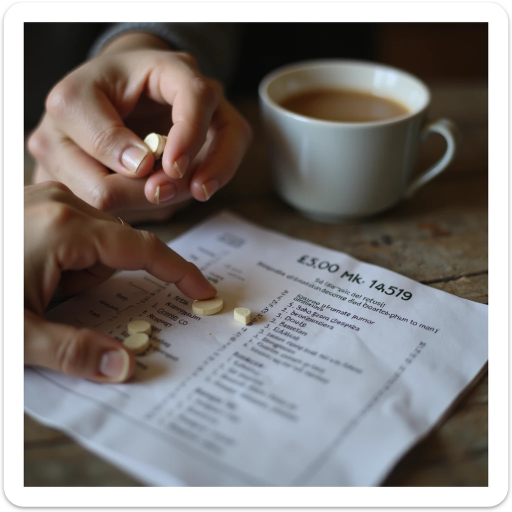 realistic early morning scene at 5:00 AM, close-up of hand taking pills next to a cup of coffee and a medication schedule in Italian, morning routine sticker