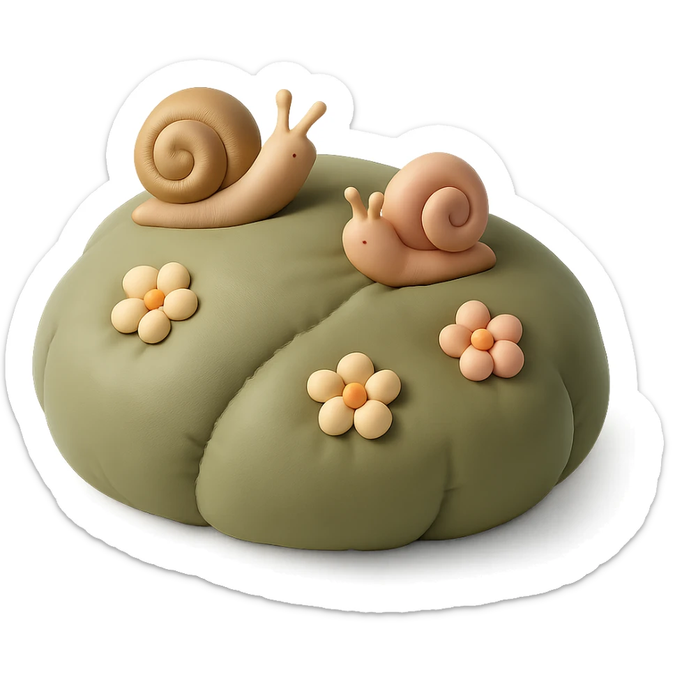 mossy rock with snails and small flowers in earthy pastel colors, cushion style sticker