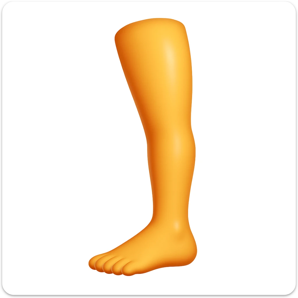 Create a single leg emoji that looks exactly like one of the legs in the reference image, in iOS emoji style. The emoji should have 3D appearance, shiny surface, smooth gradients, soft shadows, and a realistic leg and foot with the classic emoji look. Add a glossy effect to the skin. sticker