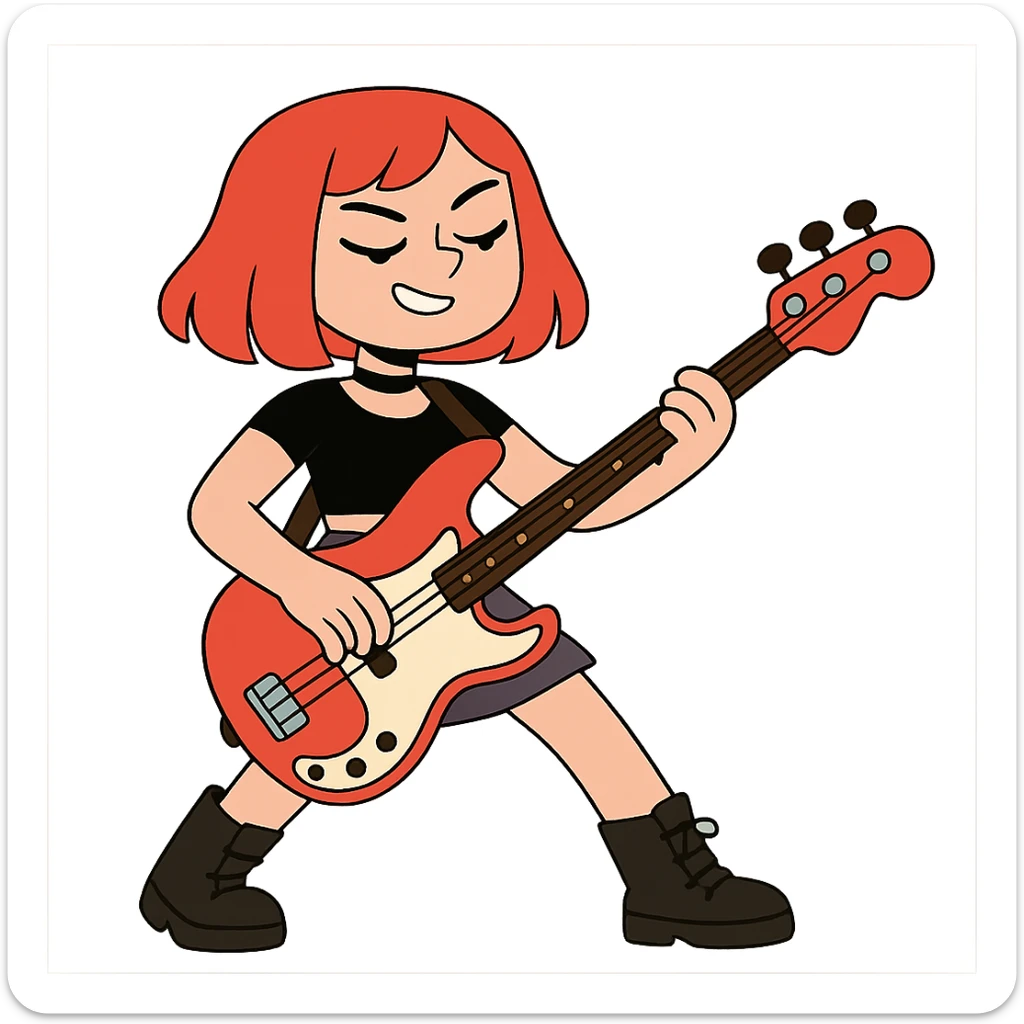 rock girl with red hair and red bass guitar, long bob hairstyle, retro rockstar vibe sticker