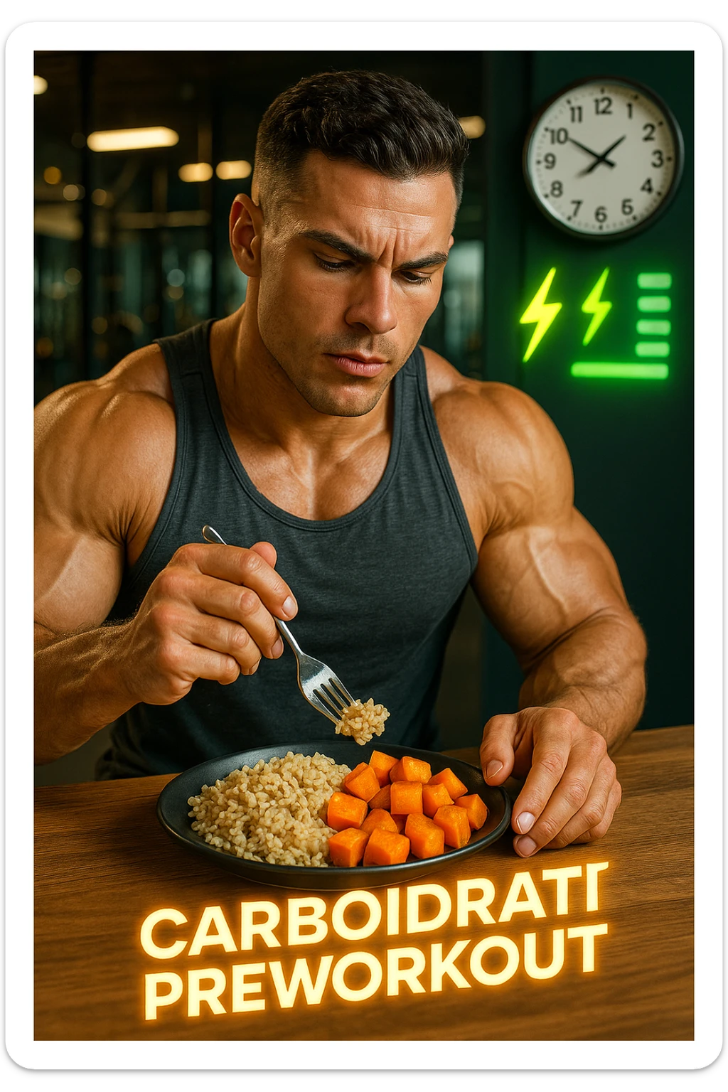 Uomo atletico seduto al tavolo poco prima di andare in palestra, mentre mangia una porzione di riso integrale e patate dolci con un’espressione consapevole e concentrata. Sullo sfondo si intravede la palestra. Sopra al piatto c’è una scritta luminosa 'Carboidrati preworkout'. Accanto a lui, un orologio indica che mancano 45 minuti all’allenamento. Il suo corpo appare pronto, i muscoli sono pieni e ben vascolarizzati, e sullo sfondo ci sono icone simboliche di energia (es. fulmini, barre di energia verdi). Atmosfera motivante e piena di vitalità. in italiano sticker