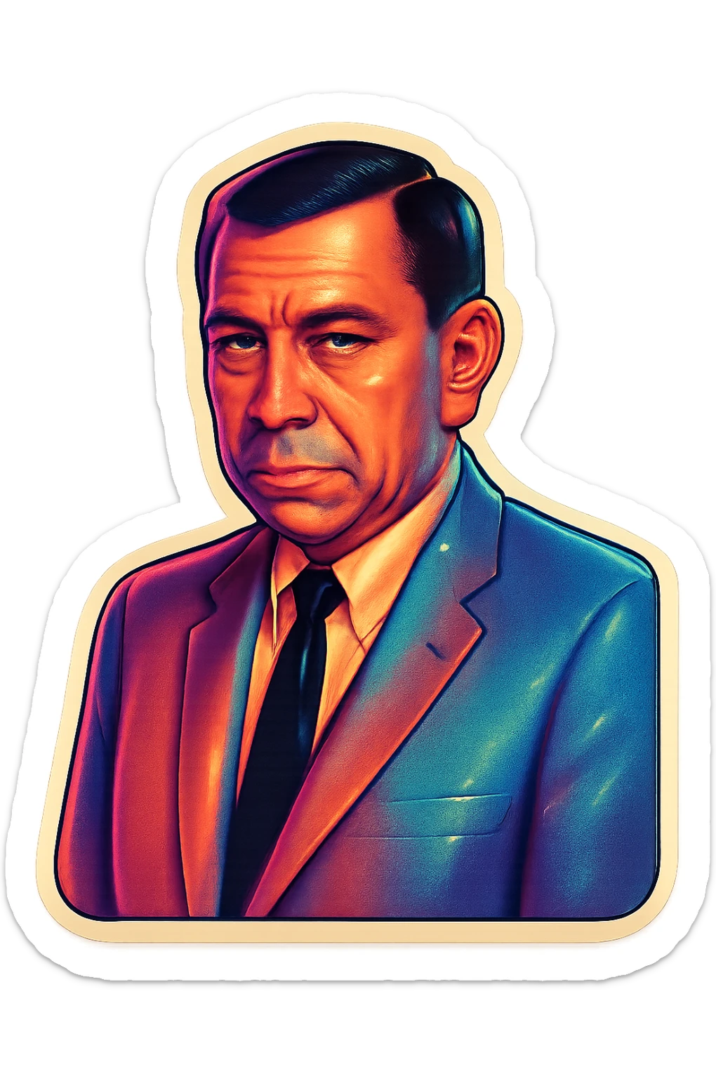 Portrait of this man in retro stickers style, looking serious, no text, neutral background. sticker