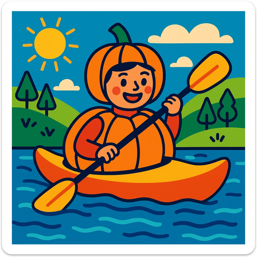 a person in a kayak costume shaped like a pumpkin, cheerful scene, vibrant toon style, joyful and colorful sticker
