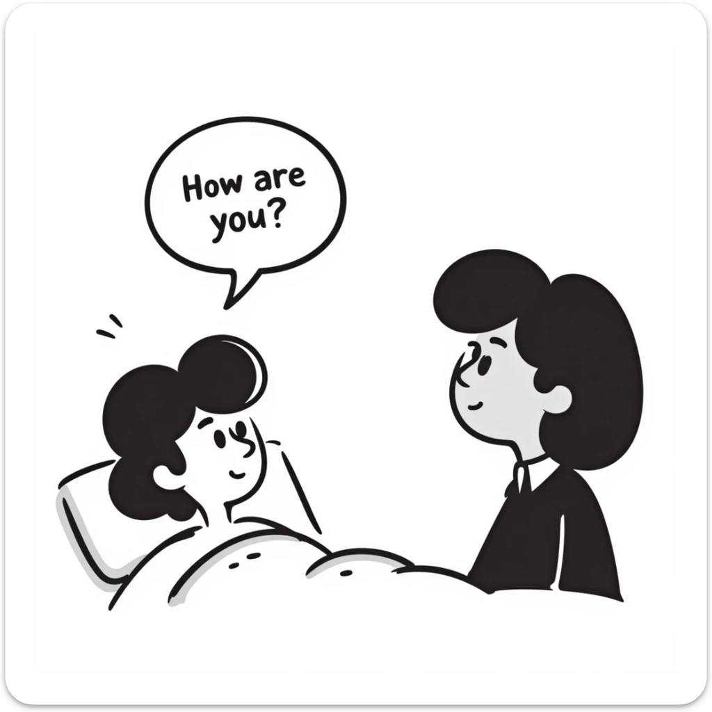a person in a hospital bed looking concerned, asking 'How are you?' to a visitor, hospital setting with medical equipment, gentle caring expression on patient's face sticker