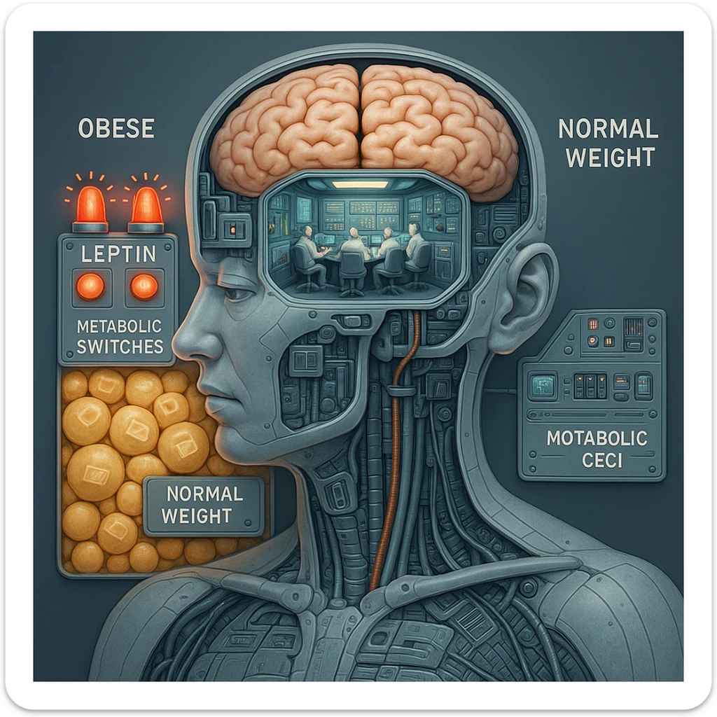Medical CGI style illustration of cybernetic anatomy showing brain as control room. In obese section, leptin alarm bells ringing but metabolic switches stay ON, fat cells pile up like unread emails. In normal-weight section, control panel responds efficiently. 4K resolution, clinical, detailed, scientific visualization sticker