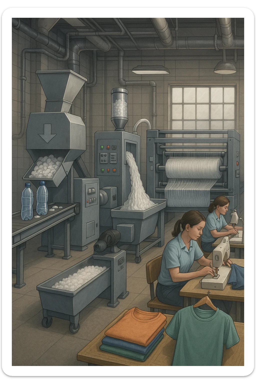 vertical realistic illustration in 2:3 aspect ratio of the PET bottle recycling process in a factory, showing visible steps from plastic to polyester fabric and finished clothes. Include industrial details, machinery, bottles, and garments. Professional atmosphere. sticker