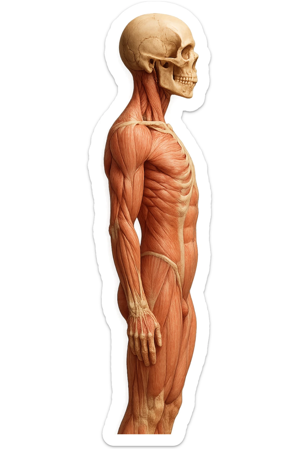 CORPO UMANO ANATOMICO REALISTICO DI PROFILO CON CURVA LOMBARE PIATTA, iperrealistico 4k sticker