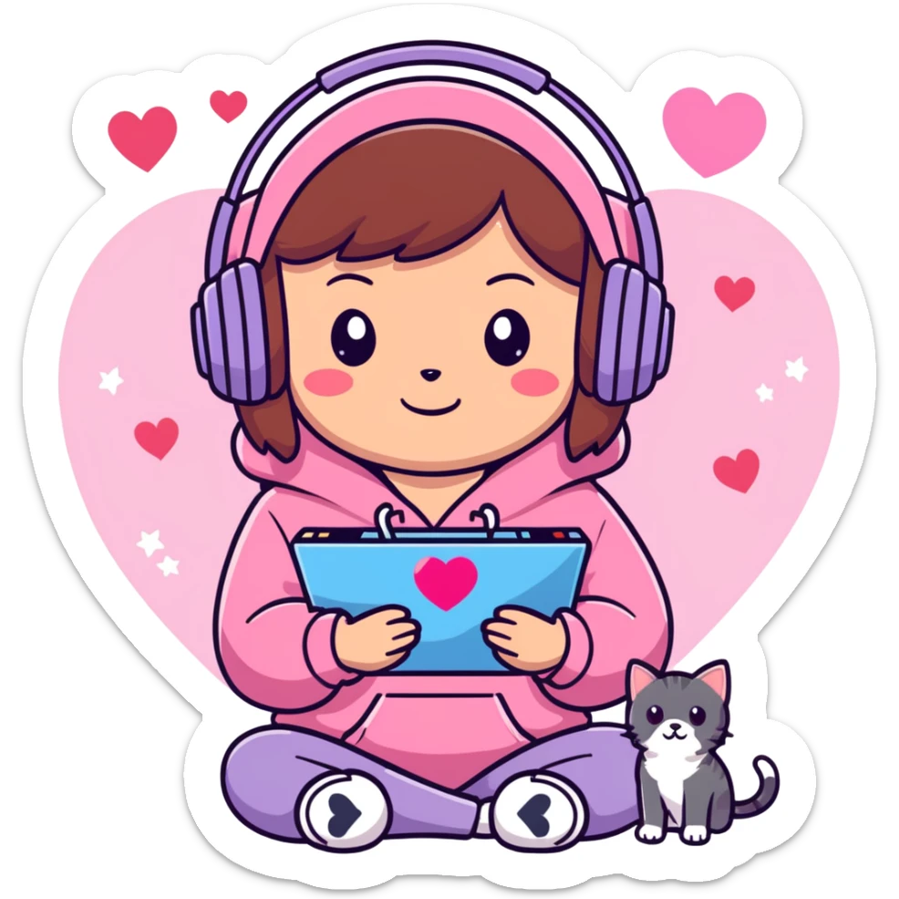 A brown-haired cartoon girl in a pink sparkly hoodie with headphones on, holding a game controller, surrounded by hearts, stars, and a puppy and kitten cuddling at her feet. sticker