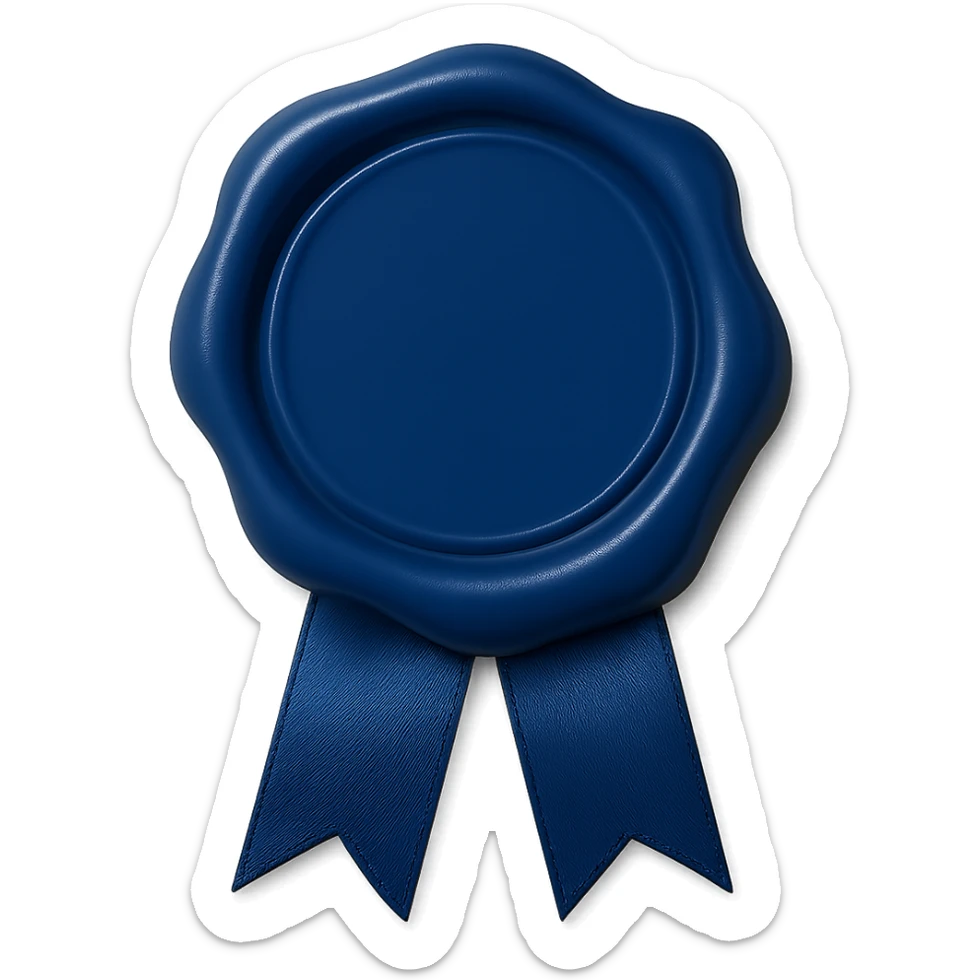 Add a decorative ribbon with a glossy finish underneath the royal blue wax seal. Keep the background transparent. Maintain the style and look of the original image. sticker
