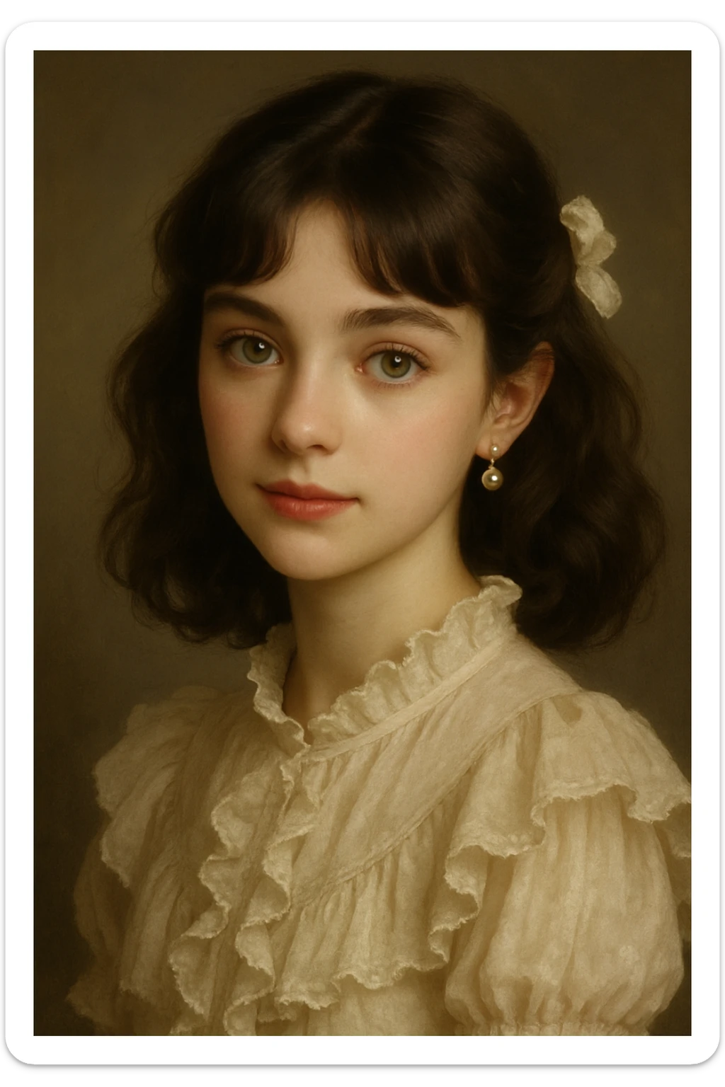 coquette girl with midi dark brown slightly wavy hair, bright skin, greenish hazel eyes, small cute lips, wearing a frilly blouse and pearl earrings sticker