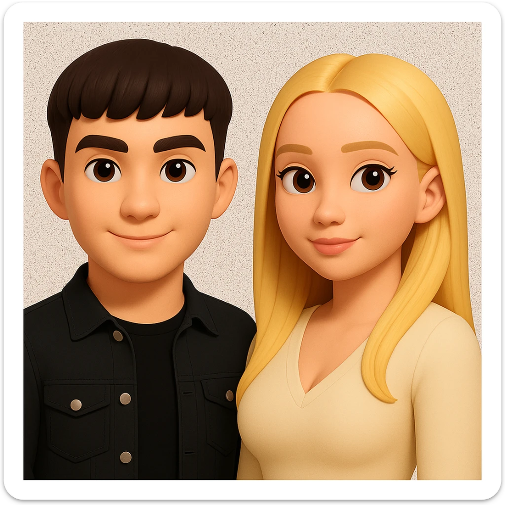 Slightly increase the volume of the upper body of the girl, separate the girl and the boy from each other, and make the skin color the same for both characters. Maintain the cartoonish 3D style as in the reference image. sticker
