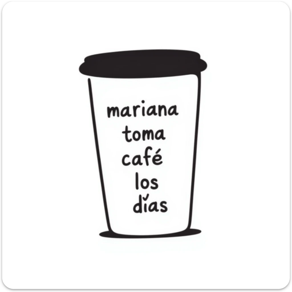 a hand drawn doodle of a coffee cup with the phrase 'mariana toma café todos los días' clearly visible sticker