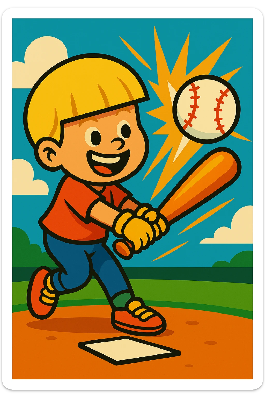 Change the boy's hair to blonde, keep the bowl cut, vibrant cartoon style, swinging a bat and hitting a baseball, home run moment, cheerful. sticker