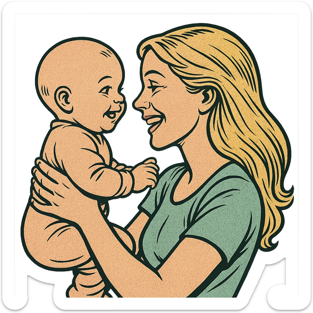 woman with long blonde hair holding a baby in her arms, they look at each other and smile, side view, old school comic book style, thin clean contours, soft rounded shapes, pastel palette, detailed shadows and highlights, soft lighting sticker