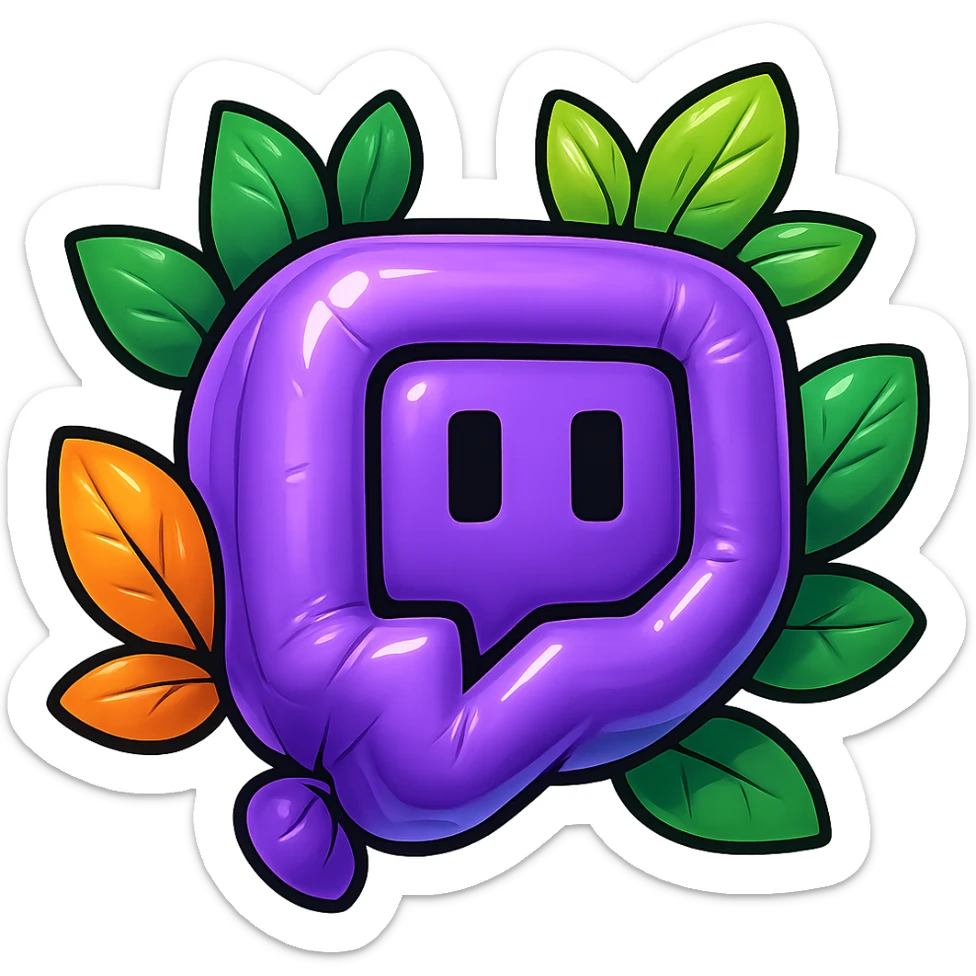 Extremely plump, soft, and rounded Twitch logo, cartoon style, thick black outline, expressive shadows, glossy highlights, surrounded by bright leaves, no background. Emphasize maximum puffiness and smoothness, matching the reference style. sticker