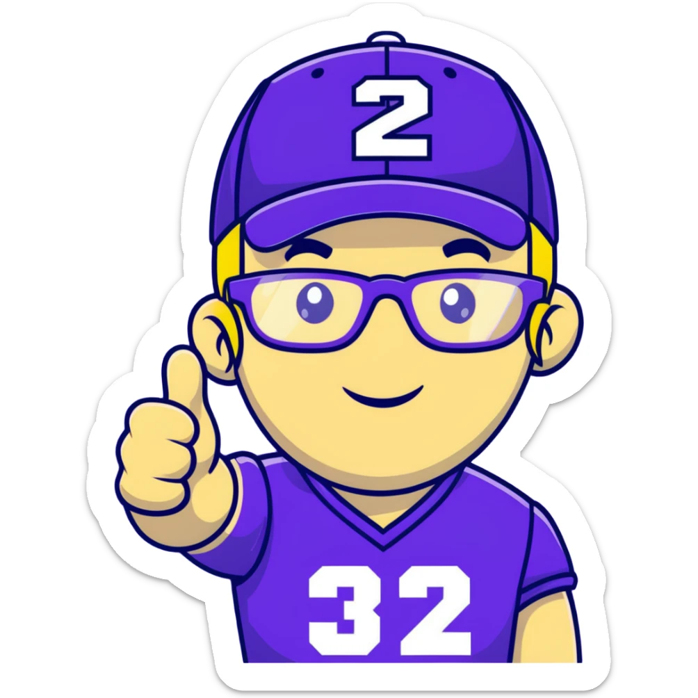Man with black and white cap, purple sports jersey with number 32, clear glasses, light blond mullet hairstyle, thumbs up gesture, relaxed expression sticker