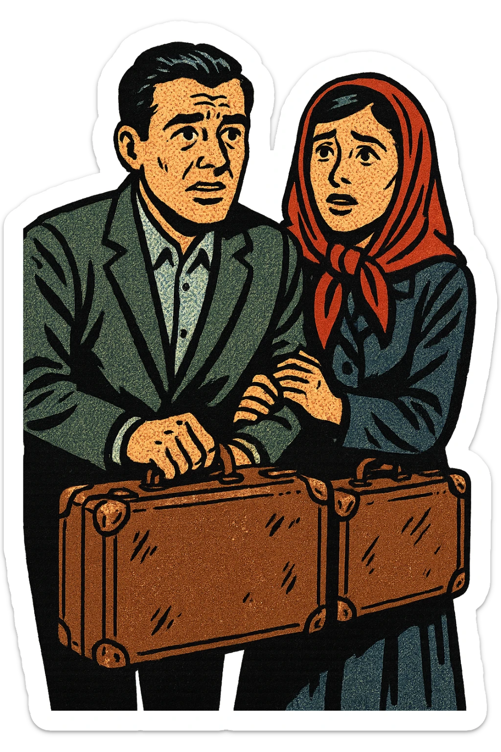 A refugee husband and wife from Eastern Europe in the 1950s both carrying a small old brown suitcase and looking hopeful and worried sticker