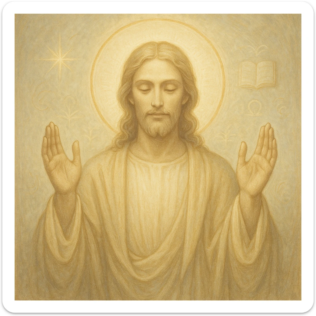 Christ Guardian of Mind, serene radiant figure with gentle halo, hands raised in gesture of protection, surrounded by soft light and subtle symbols of wisdom, spiritual and uplifting style sticker