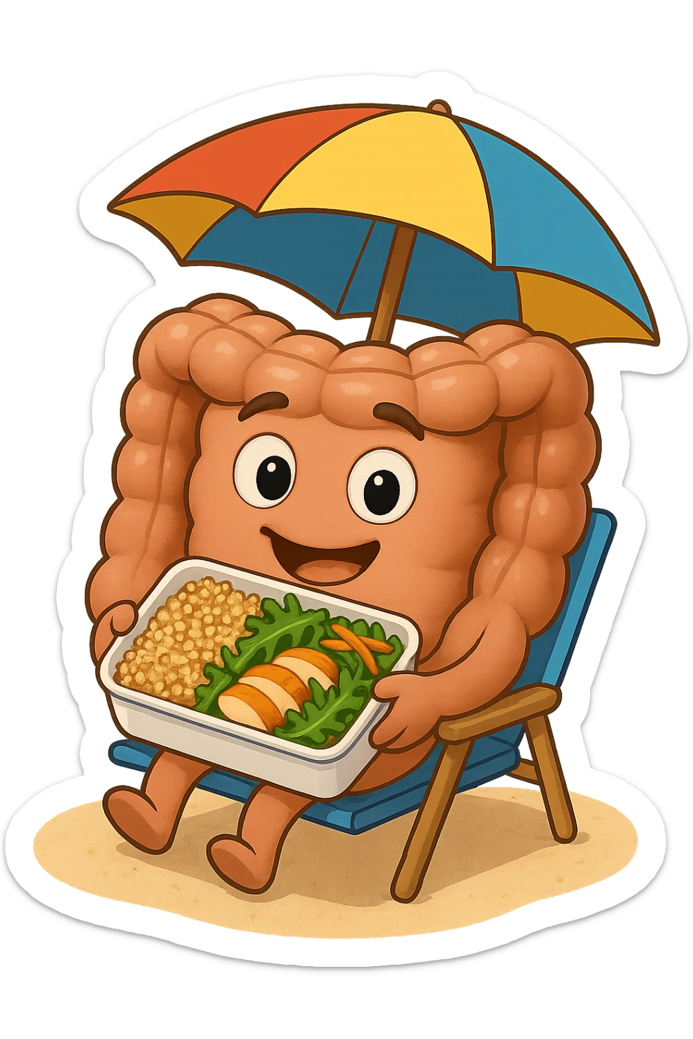 EMOJI STILE IPHONE DI INTESTINO IN SPIAGGIA SU UNA SPIAGGINA SOTTO L'OMBRELLONE CON IN MANO UNA SCHISCETTA DI Insalata di quinoa e pollo con rucola e carote, iperrealistica 4k sticker