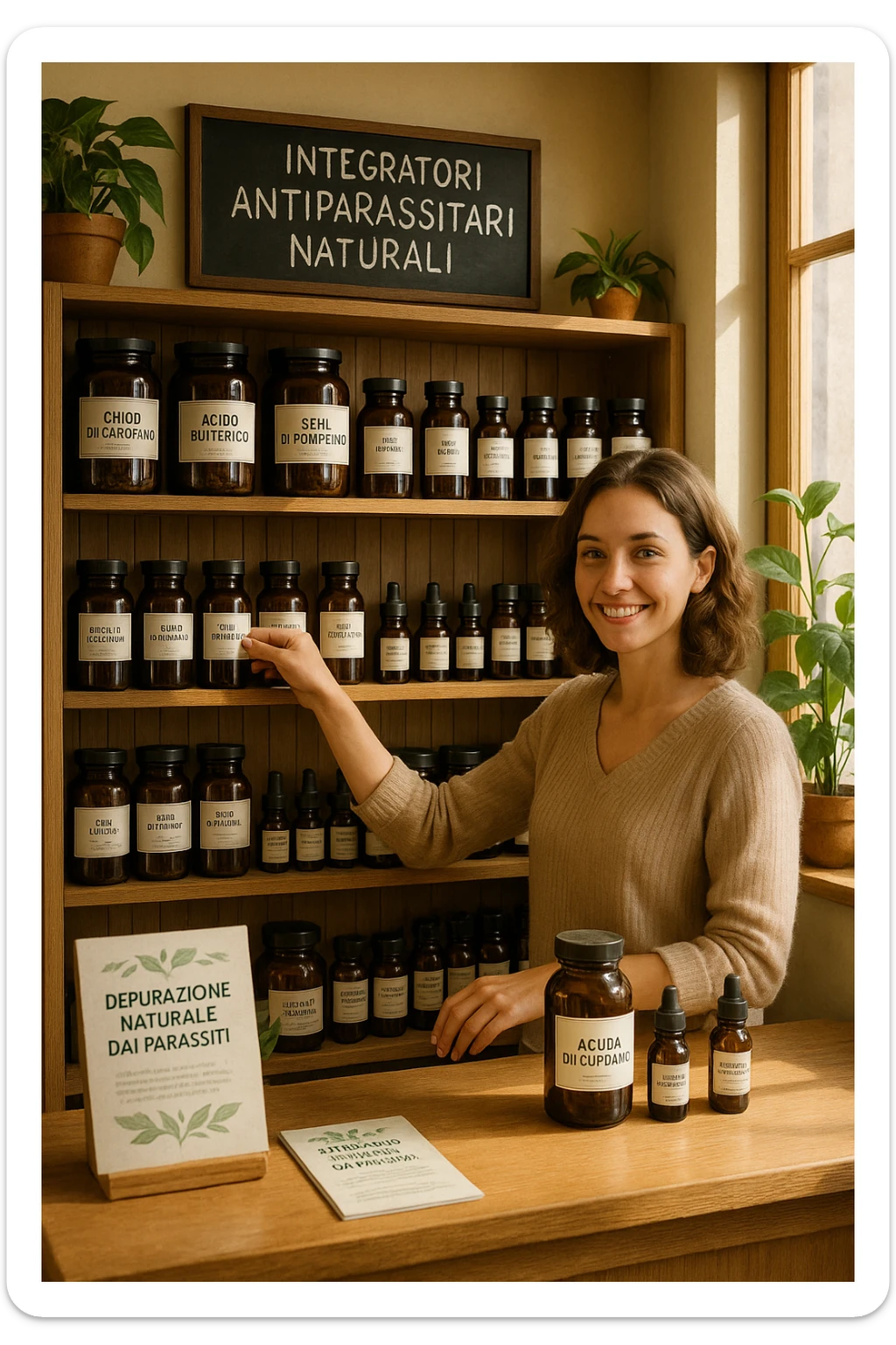 A realistic, well-lit herbal supplement store interior with wooden shelves neatly displaying glass jars and bottles labeled as ‘Chiodi di Garofano’, ‘Acido Butirrico’, and ‘Semi di Pompelmo’, organized in a clean and aesthetic manner. Small handwritten chalkboard signs indicate ‘Natural Antiparasitic Supplements’ above the section. The environment feels warm and trustworthy, with potted green plants adding freshness and a subtle sunlight entering through a window. A young shop assistant with a welcoming smile arranges the products, while informational leaflets about natural parasite cleansing are visible on a wooden counter, creating a holistic and health-conscious atmosphere in Italiano sticker
