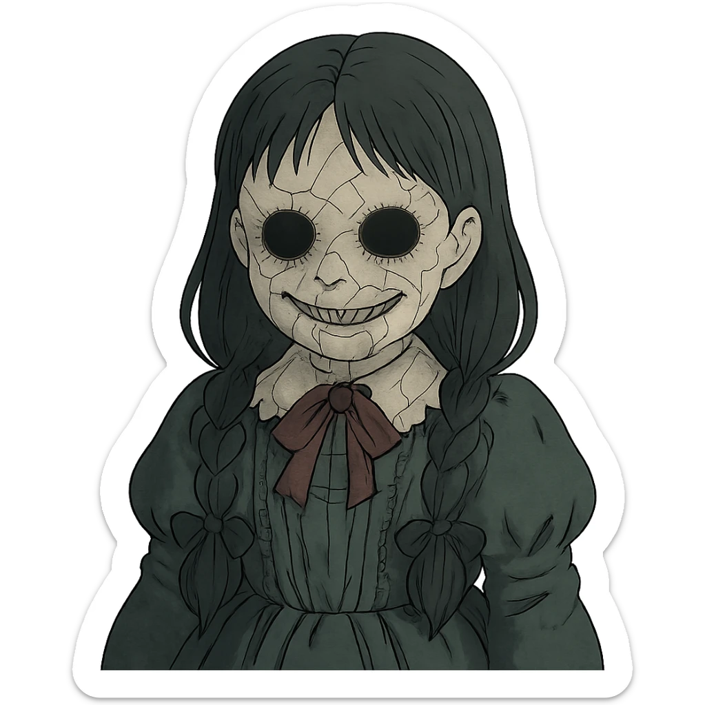 haunted cursed doll cracked porcelain skin empty eyes sinister grin creepy gothic style sticker