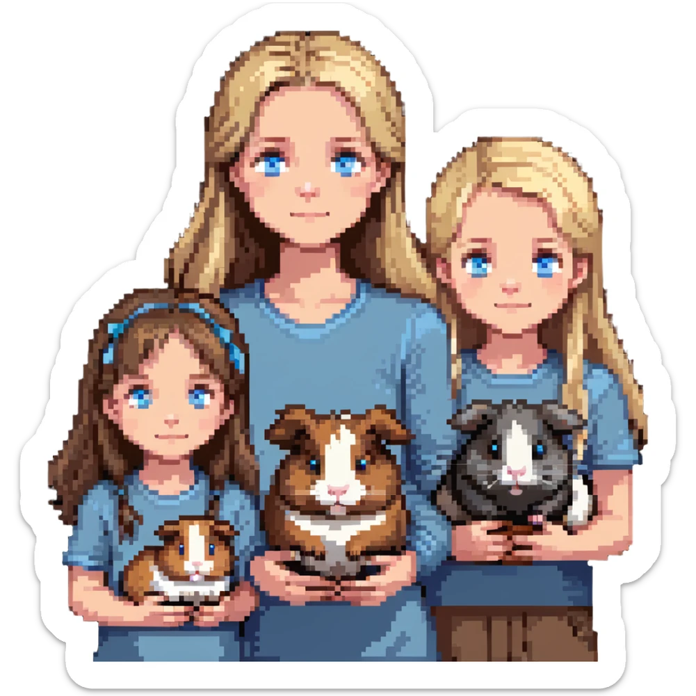 Family portrait with father with dark brown hair and blue eyes, mother with light brown hair and blue eyes, three blonde little girls with blue eyes, plus a grey cat and two guinea pigs sticker