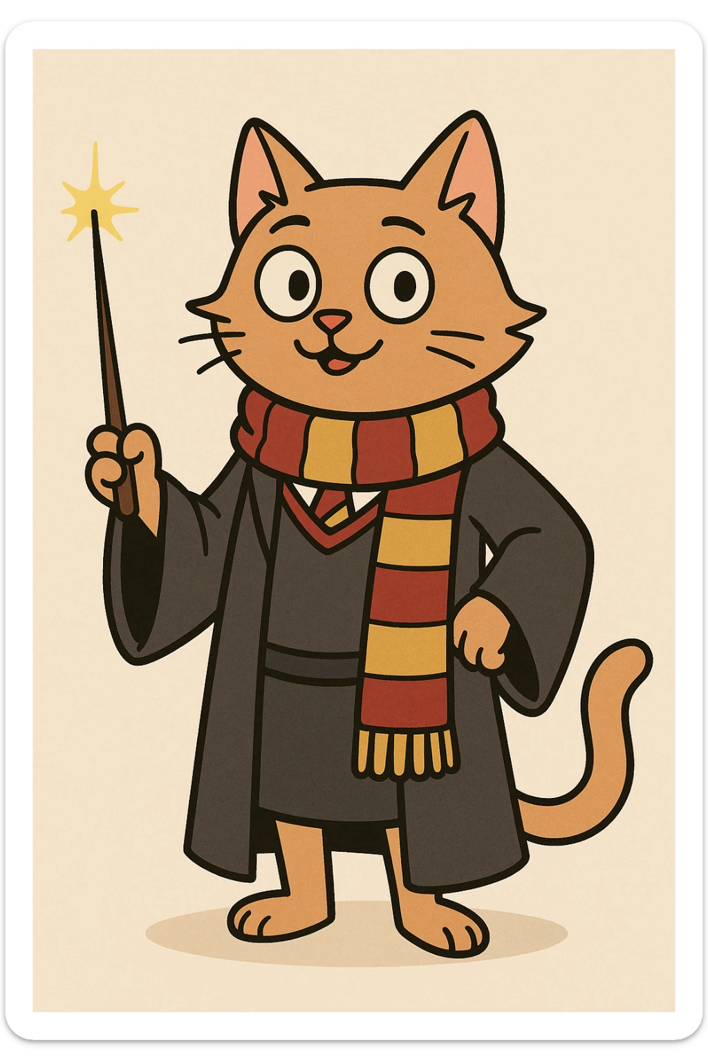 a cat in wizard robes, holding a wand and wearing a Gryffindor scarf, cartoon style, flat toon sticker