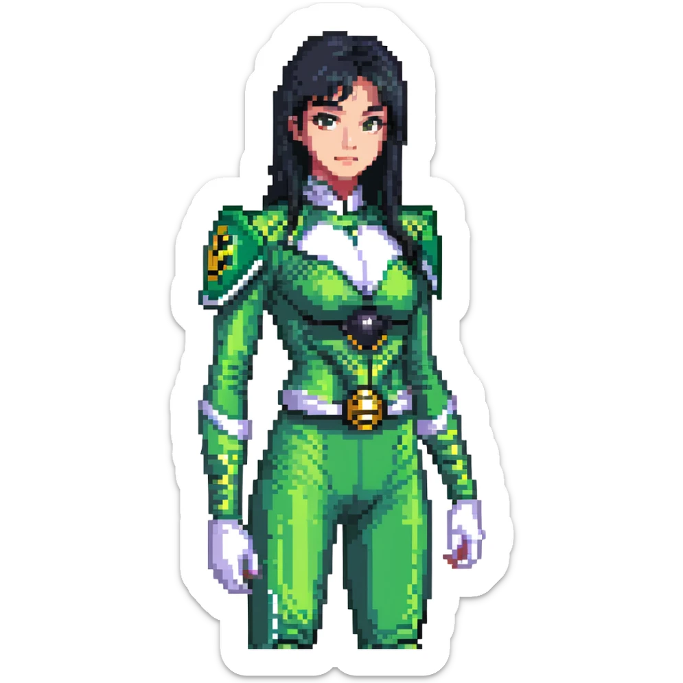 wasian girl in a green Power Ranger suit, black straight hair, black eyes sticker