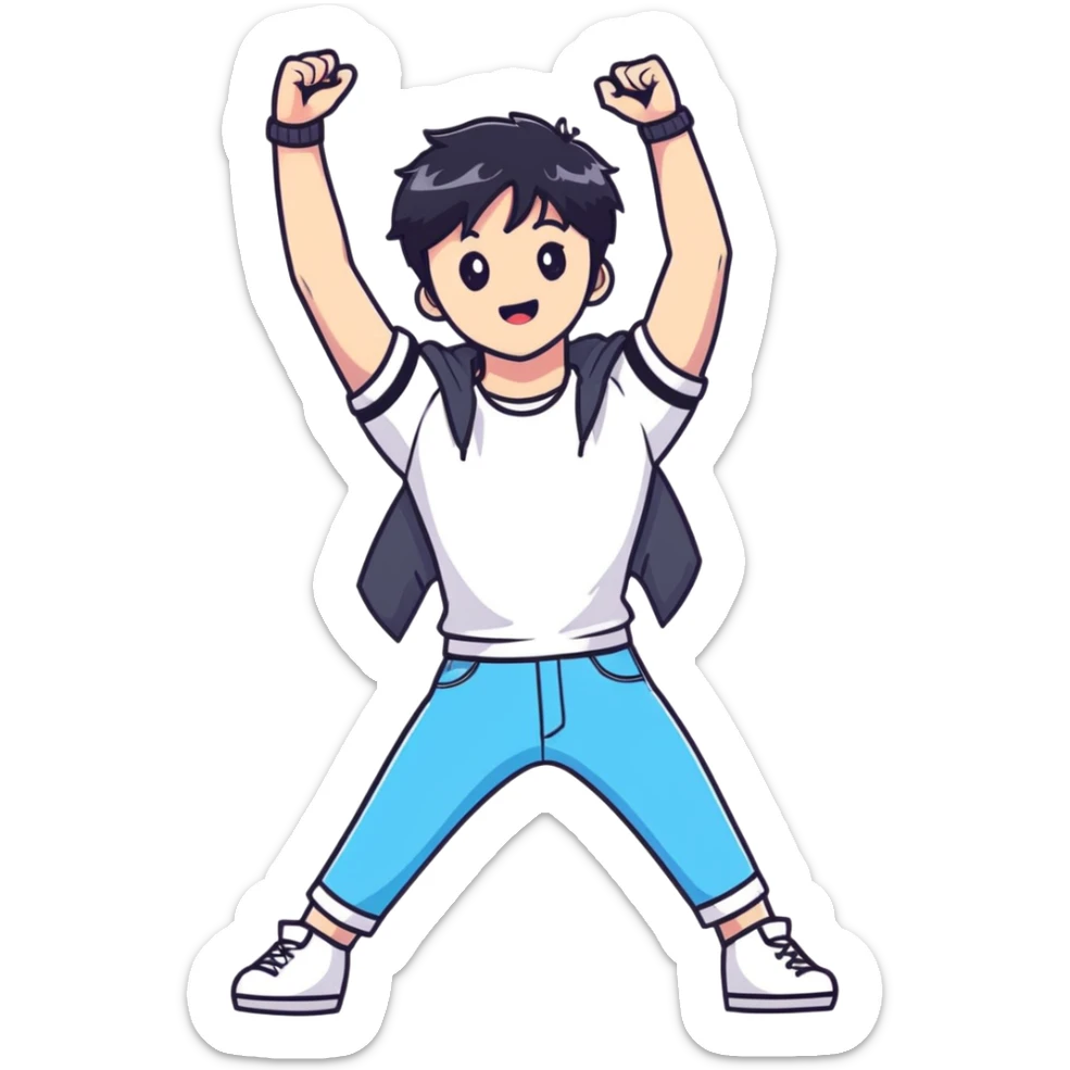 Black-haired male idol with arms up in the air, energetic performance pose, K-pop style sticker