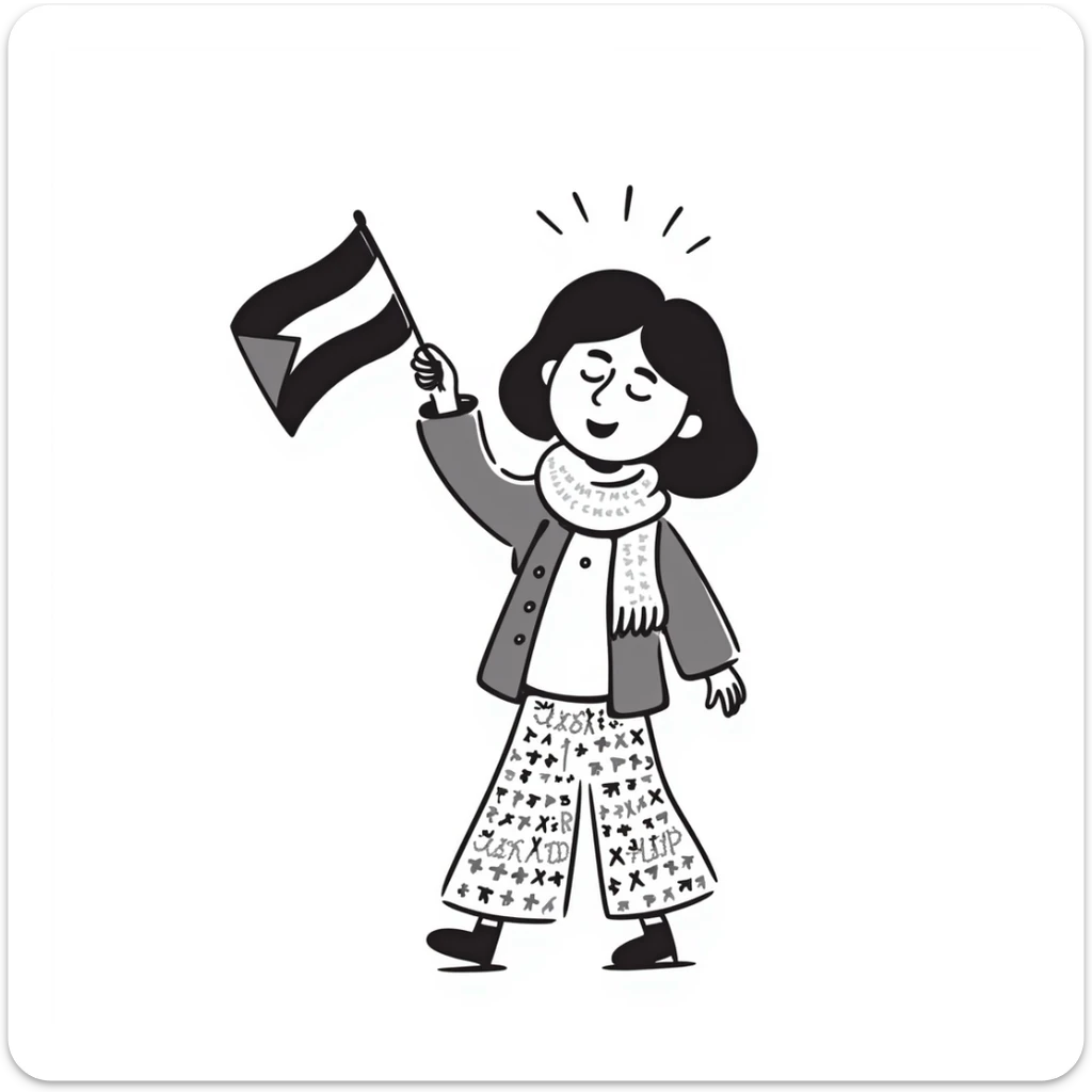 a hijab-wearing girl wearing the Palestinian keffiyeh and holding the Oman flag, hand drawn doodle style sticker