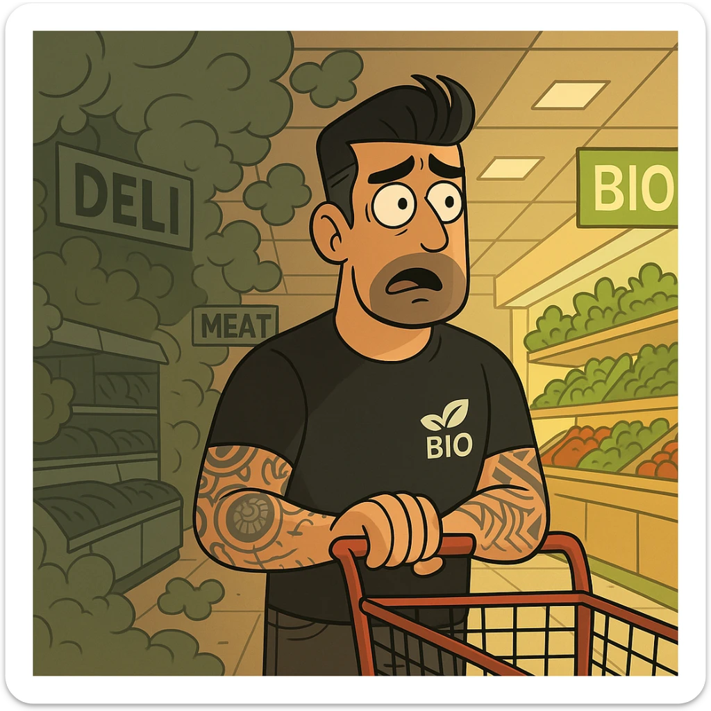 A cartoon style man in a supermarket where all departments are enveloped in a toxic cloud except the BIO department, which is bright and clean. The man has a surprised or worried expression. The atmosphere is ironic and caricatural. sticker
