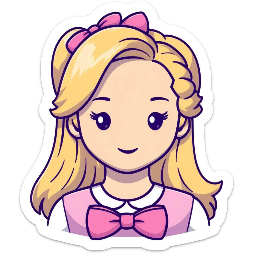 Pretty blonde bombshell girl with long hair and highlights. She has long eyelashes and a pink bow in her hair. sticker