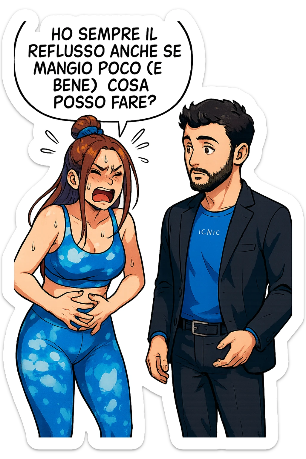 TRASFORMA QUESTO CAROSELLO IN UN FUMETTO STILE WEBTOON/MANGA A COLORI CON QUESTE DUE PERSONE IDENTICHE CHE INTERLOQUISCONO TRA LORO, LA DONNA è DISPERATA CON LE MANI sulla pania perché soffre di reflusso E STA DOMANDANDO TUTTA AGITATA UNA COSA ALL'UOMO:

LEI (DONNA): Ho sempre il reflusso anche se mangio poco (e bene), cosa posso fare?
 sticker