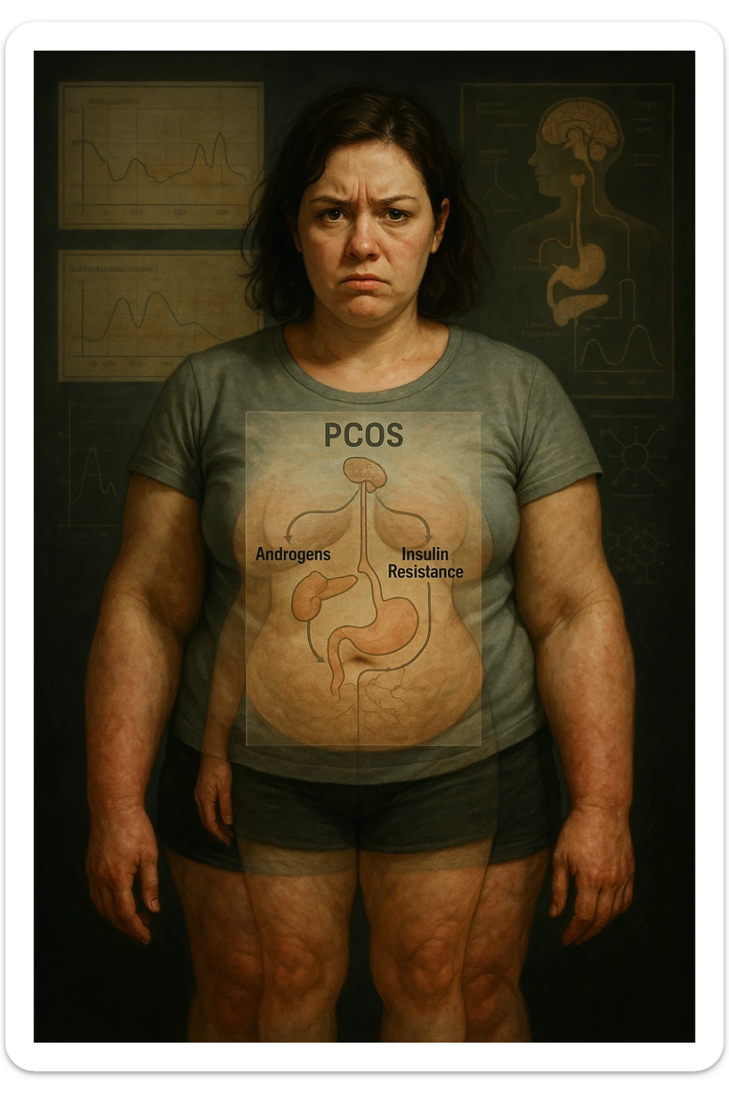 cinematic realistic in italiano Woman with PCOS struggling with hormonal chaos, transparent overlay showing elevated androgens and insulin resistance affecting her body, lipedema causing disproportionate fat accumulation in legs and arms despite normal torso, expression of frustration with unexplained weight gain, medical charts showing complex endocrine dysfunction, painful swollen limbs contrasting with metabolic confusion scrivi in italiano sticker