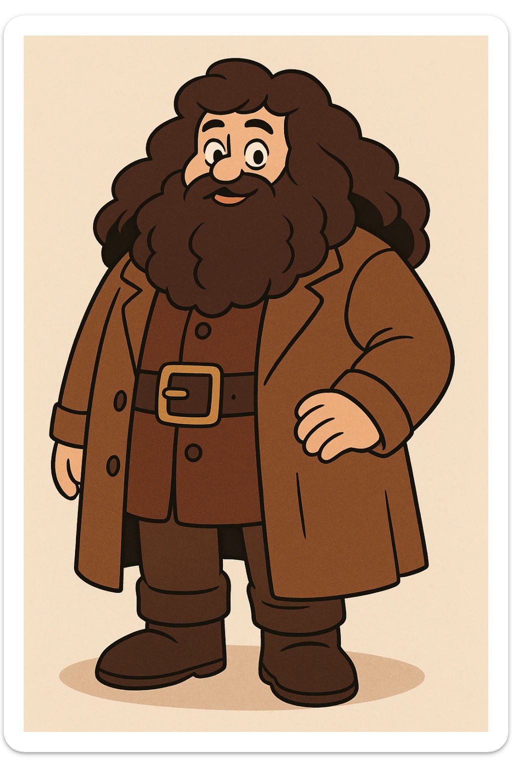 full body illustration of Hagrid in a cute, cartoon, simplified style with bold black lines and soft colors; very large with voluminous brown hair and beard; wearing a brown overcoat, wide belt, boots, and a friendly expression sticker