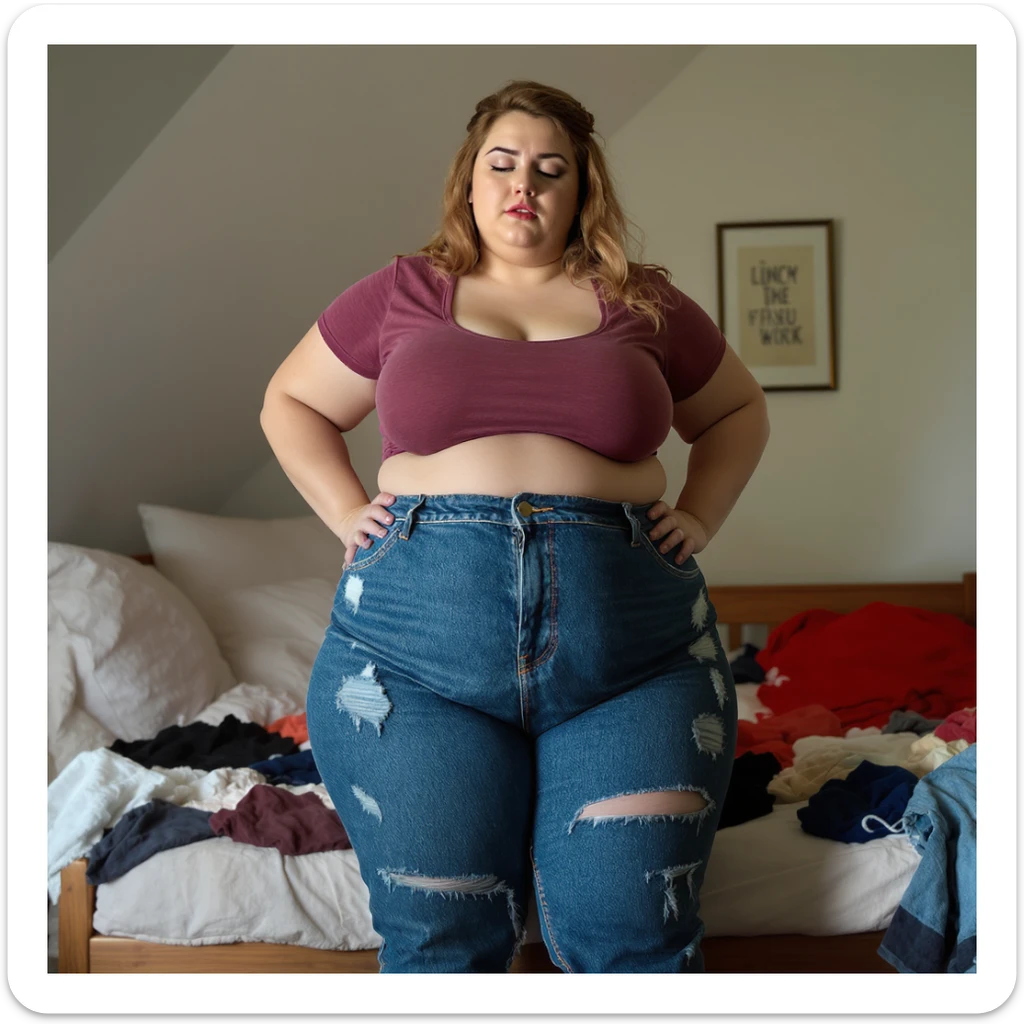 realistic plus-size woman with swollen thighs, struggling with jeans, seams popping like balloons, bedroom messy with failed outfits, vertical photo sticker