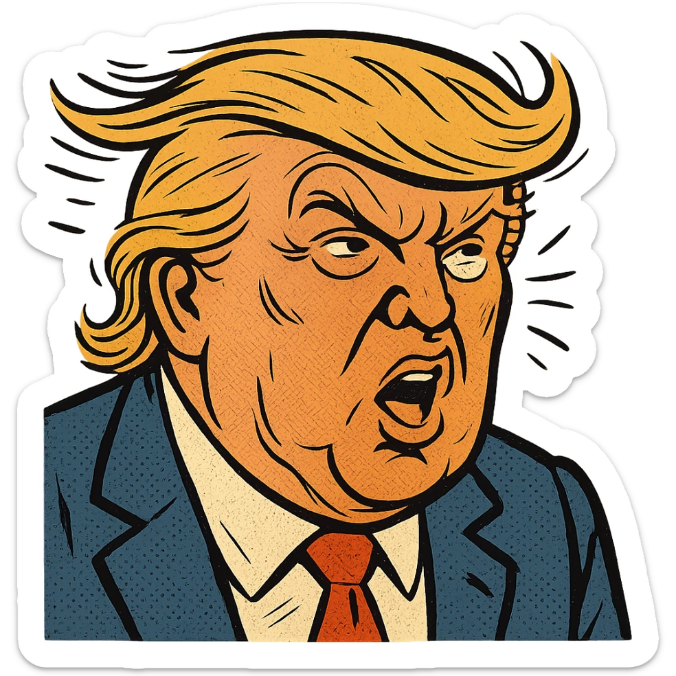 Donald Trump caricature style, exaggerated features, suit, red tie sticker