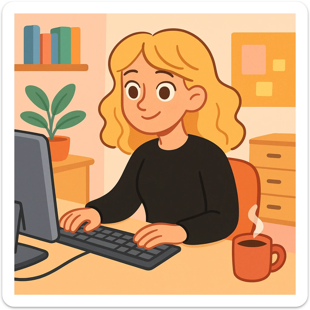 pretty brown-eyed blonde young woman with wavy hair, wearing a black sweater, working on a computer in a cozy office sticker