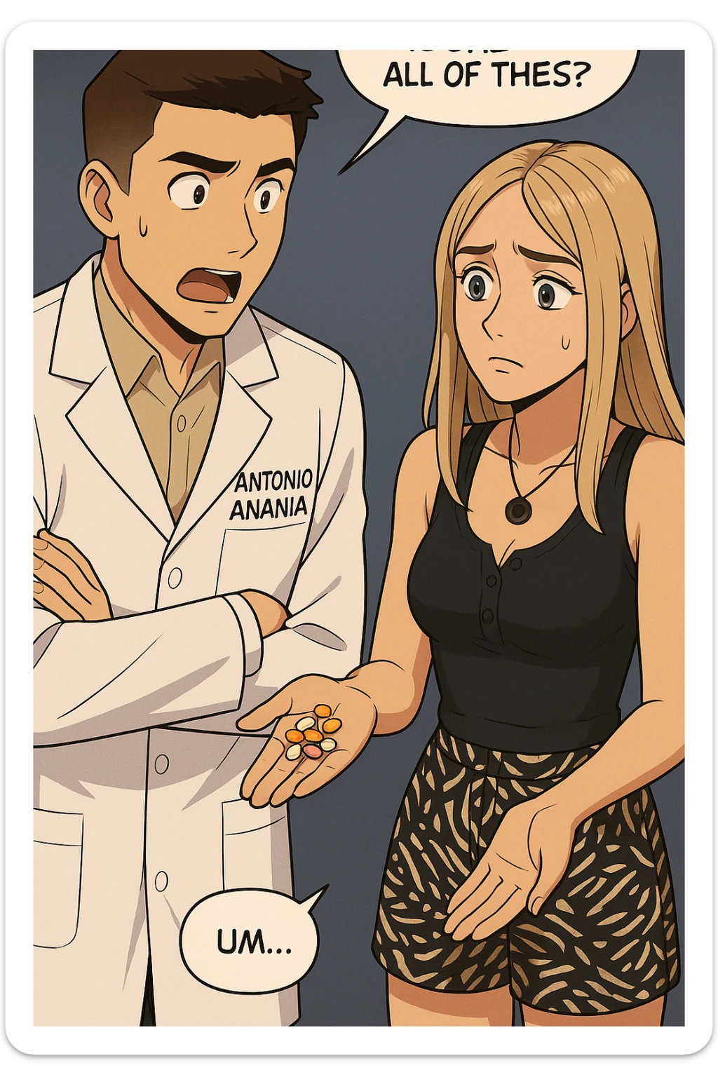 fai un webtoon/manga a colori con questo kinesiologo in camice bianco (fagli la scritta "ANTONIO ANANIA" SUL CAMICE) CHE PARLA CON QUESTA RAGAZZA. LA RAGAZZA HA UN PUGNO DI INTEGRATORI IN MANO (TANTE PILLOLE DIVERSE) E LE GUARDA DUBBIOSA. IL KINESIOLOGO CON IL CAMICE BIANCO LE DOMANDA UNA COSA SCIOCCATO. NON FARE I FUMETTI, FAI SOLO LORO COME SE DIALOGASSERO sticker