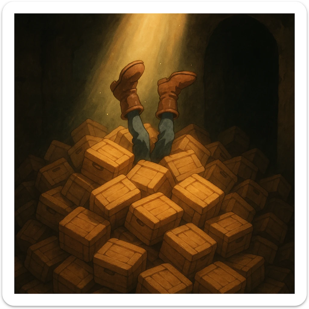 A pile of small oblong crates hidden in a dark area with a beam of light shining from above, with someone’s boots sticking out like they dove in sticker