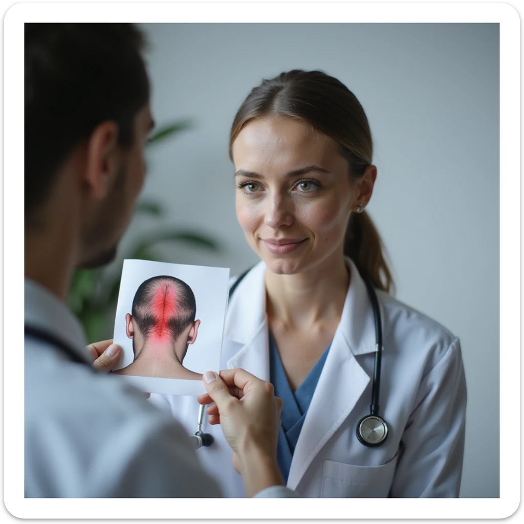 hyperrealistic 4K image of a woman with PCOS in a clinic, doctor showing her a photo of her scalp with hair loss areas highlighted in red, detailed sticker
