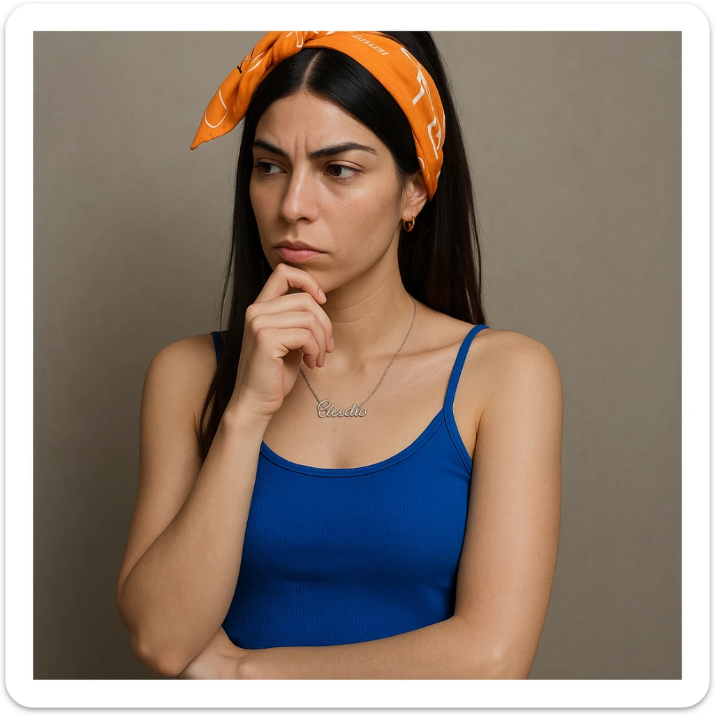 Donna pensierosa a figura quasi intera, con mano sotto al mento, espressione riflessiva, dettagli iperrealistici 4K, sfondo neutro, ispirata al riferimento. sticker