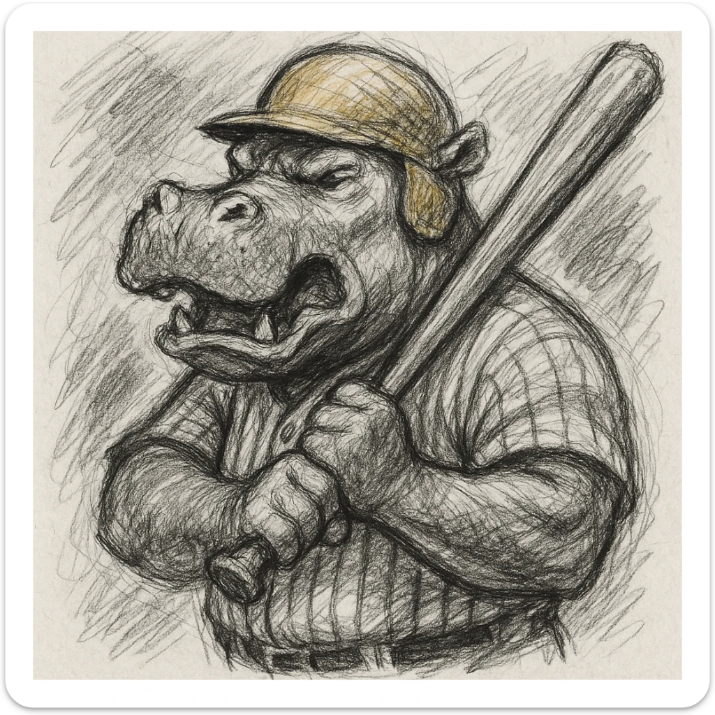 hippo holding a baseball bat, wearing a yellow helmet, pinstripes outfit sticker