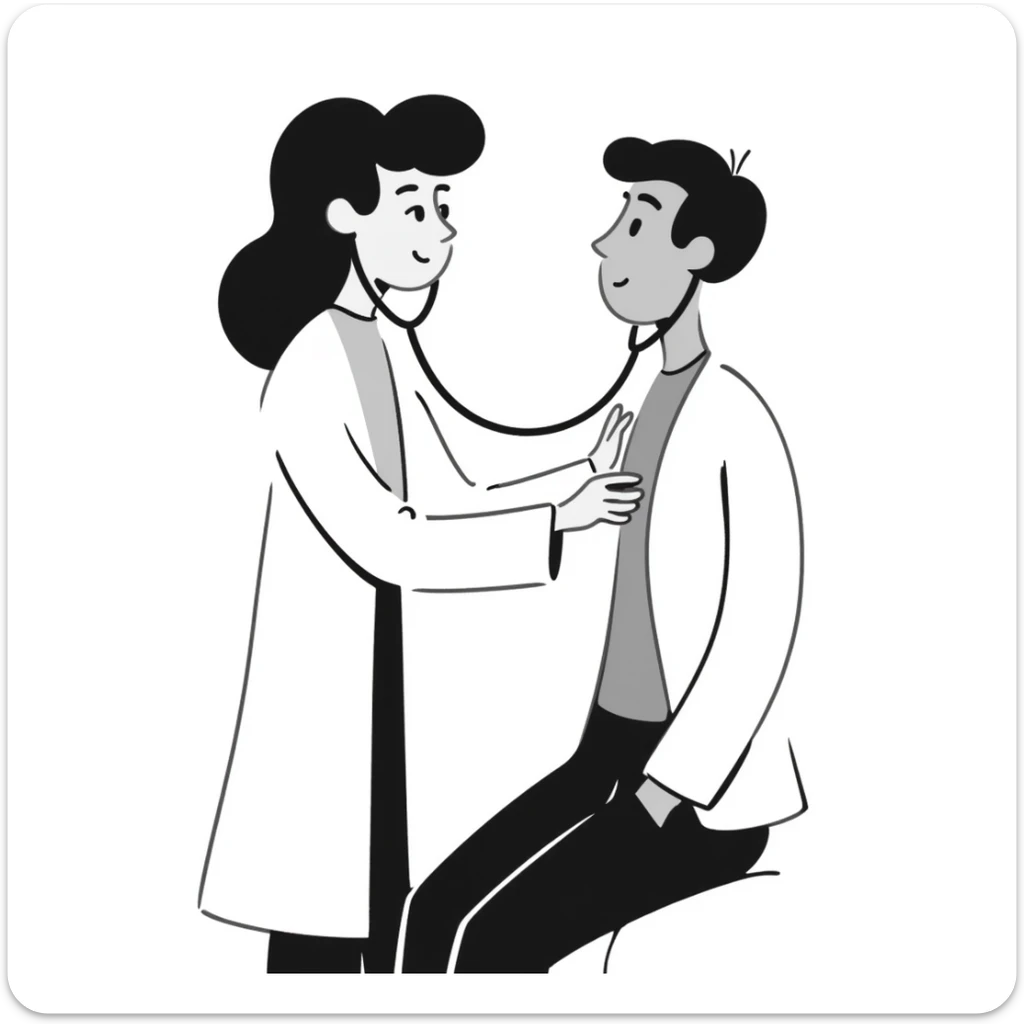 Female doctor in medical attire performing thorough examination of male patient's upper body, checking heart and lungs with stethoscope sticker