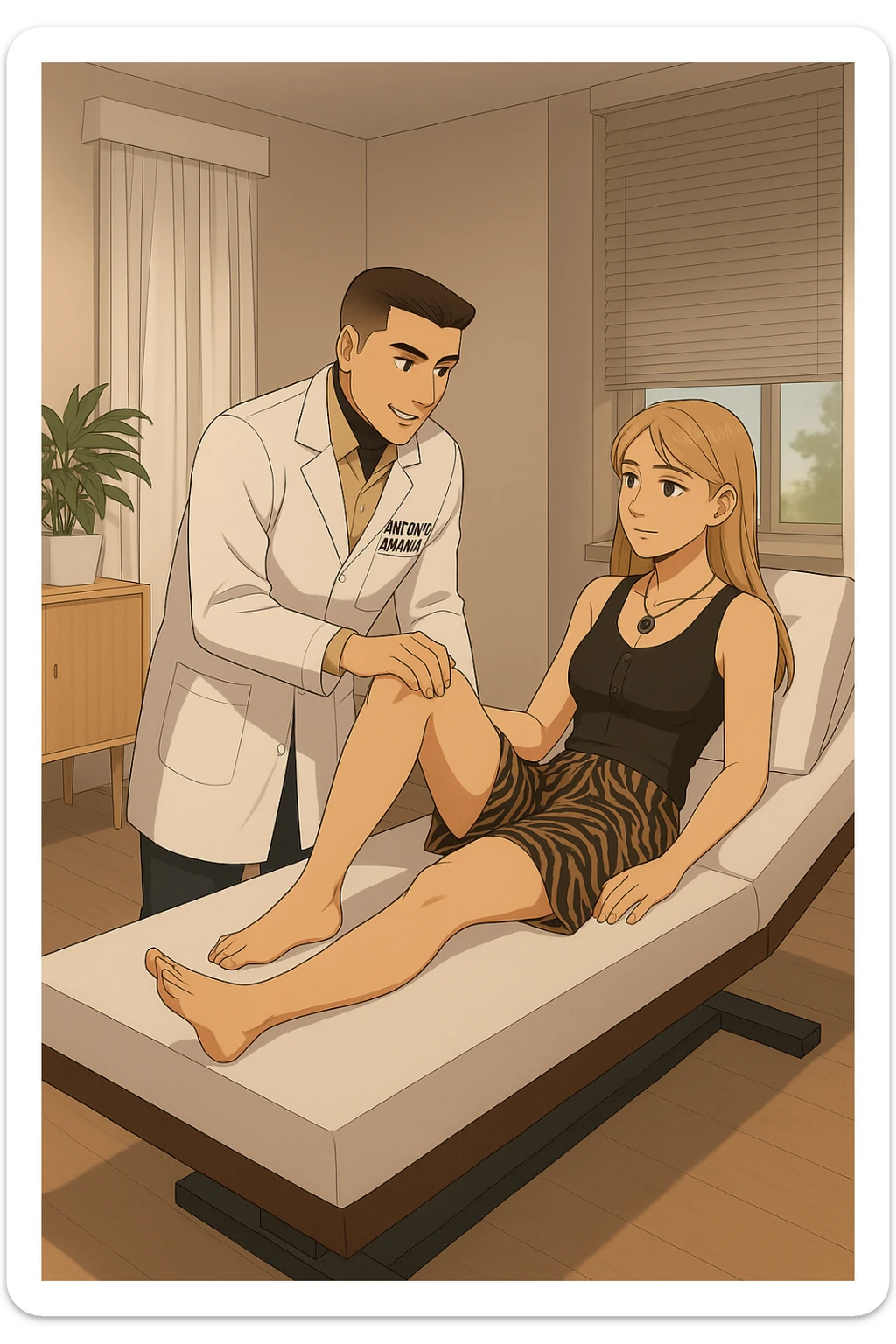 fai un webtoon/manga a colori con questo kinesiologo in camice bianco (fagli la scritta "ANTONIO ANANIA" SUL CAMICE) CHE SVOLGE UN TEST NEUROMUSCOLARE SOLLEVANDO UNA GAMBA ALLA RAGAZZA CHE è STESA SU UN LETTINO BIANCO. STANZA SEMPLICE E MODERNA, DURANTE IL TEST I DUE DIALOGANO TRA LORO. NON FARE I FUMETTI, FAI SOLO LORO COME SE DIALOGASSERO sticker