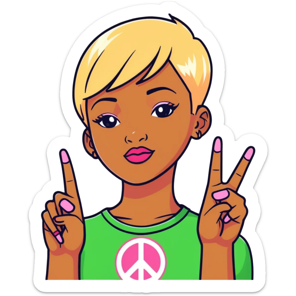 African-American female, with very short blonde pixie hair with bang to the side, wearing pink and green and the two finger peace sign sticker