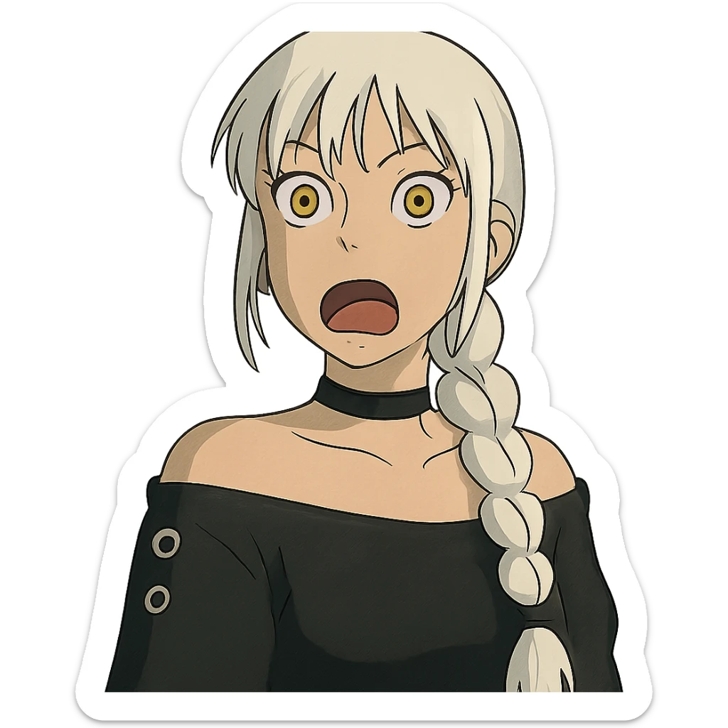 shocked young female with gold yellow eyes, white hair in a long braid, black off-shoulder top, punk gothic style sticker