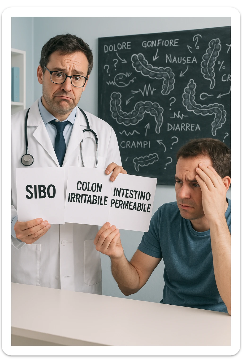Scena clinica con un medico confuso in camice bianco davanti a un paziente seduto. Il medico ha tre fogli in mano, e li mostra uno alla volta con espressione incerta: il primo dice 'SIBO', il secondo 'Colon Irritabile', il terzo 'Intestino Permeabile'. Il paziente ha un’espressione confusa e scoraggiata, con una mano sulla fronte. Sullo sfondo una lavagna caotica con disegni di intestino e sintomi ovunque. Stile realistico con tocchi ironici, toni freddi da ambulatorio ma con un messaggio visivo forte di incertezza diagnostica. in italiano sticker