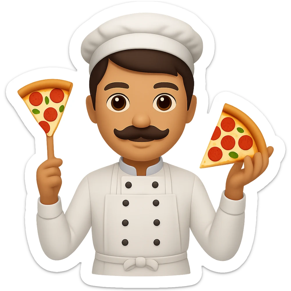 Add a mustache to the pizzaiolo character. The original style is emoji style, so please keep the look consistent with emoji style while adding the mustache. The background should be removed, leaving only the character with the mustache. sticker